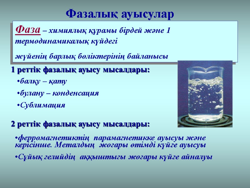 Фазалық ауысулар Фаза – химиялық құрамы бірдей және 1 термодинамикалық күйдегі жүйенің барлық бөліктерінің